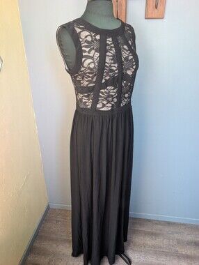 R&M Richards Black Lace Panel Maxi Dress, Long Party Event Dress